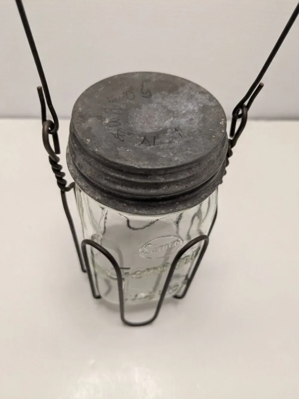 Vtg. Samco Genuine Mason Jar Steel Holder Wooden Handle Zinc Lid Moonshine Caddy
